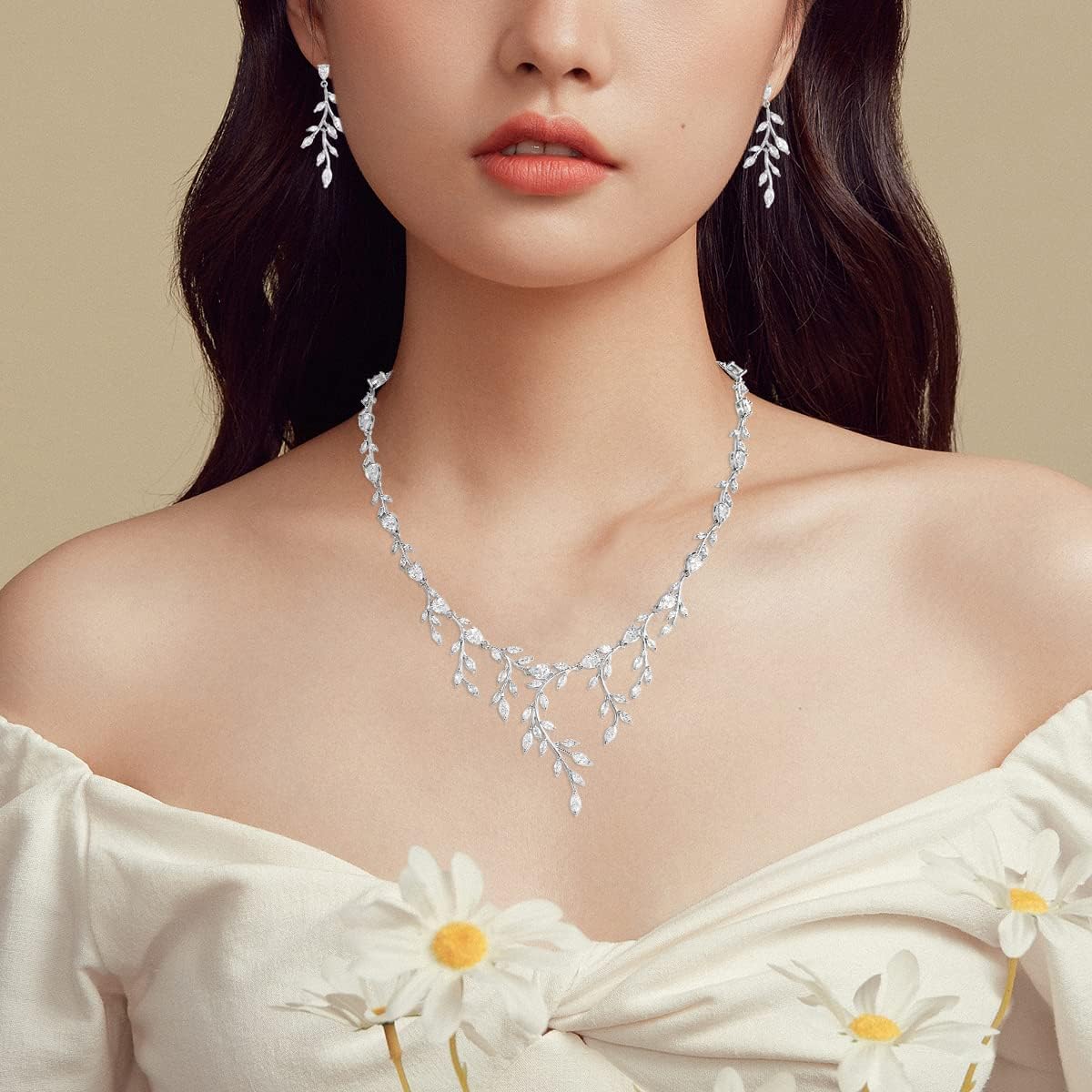 WeimanJewelry Women Marquise Cut Cubic Zirconia Leaf Bridal Y-Necklace and Dangling Earring Jewelry Set for Wedding (Silver style 2)