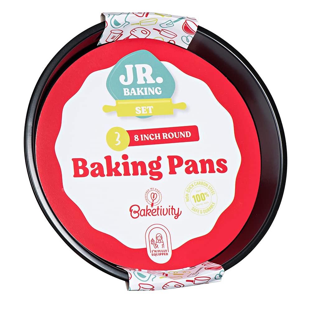 BaketivityMetallic Professional Non-Stick 3-Piece Round Cake Pan Bakeware Set, Fit in Pot Pressure Cooker Baking Pan, Air Fryer, One-piece Molding Cheesecake Pan, Heavy Duty Pizza Pan, Black, 8 inch
