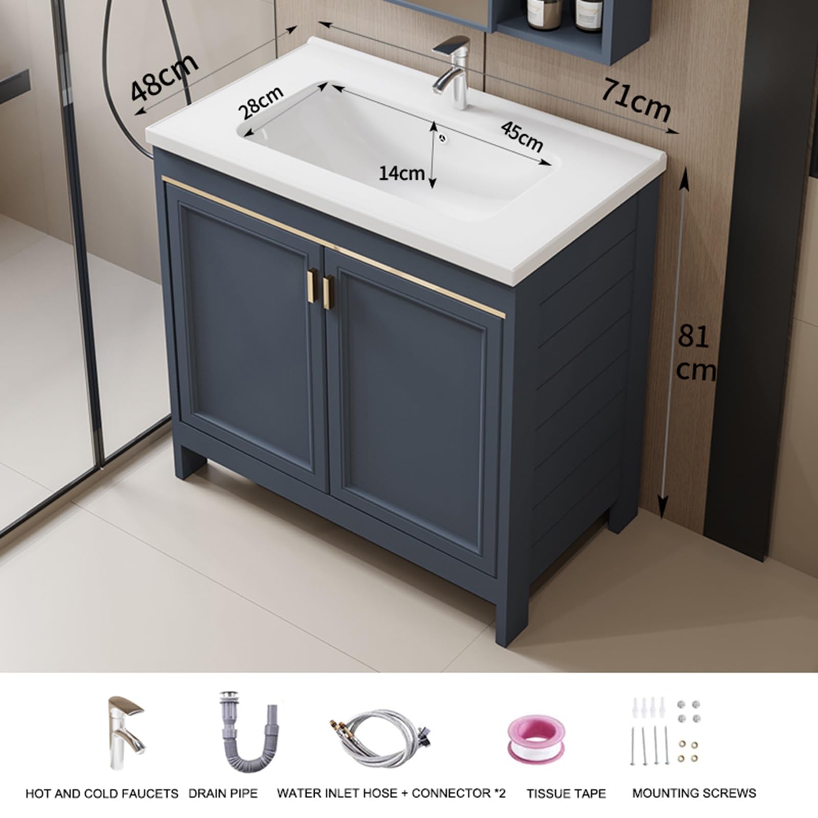Mueble de baño independiente con fregadero de cerámica, 50 cm, grifo de agua fría/caliente, almacenamiento versátil para sala de estar, cocina, oficina, armario, un color de 60 cm, un color de 70 cm