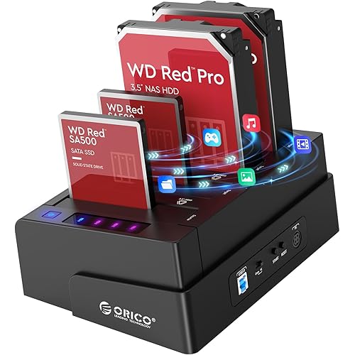 ORICO 4 Bay External Hard Drive Docking Station USB 3.2 Gen 1 to SATA I/II/III for 2.5''/3.5'' HDD SSD with Hard Drive Duplicator/Cloner Function Support UASP [4 x 20TB]-6648US3