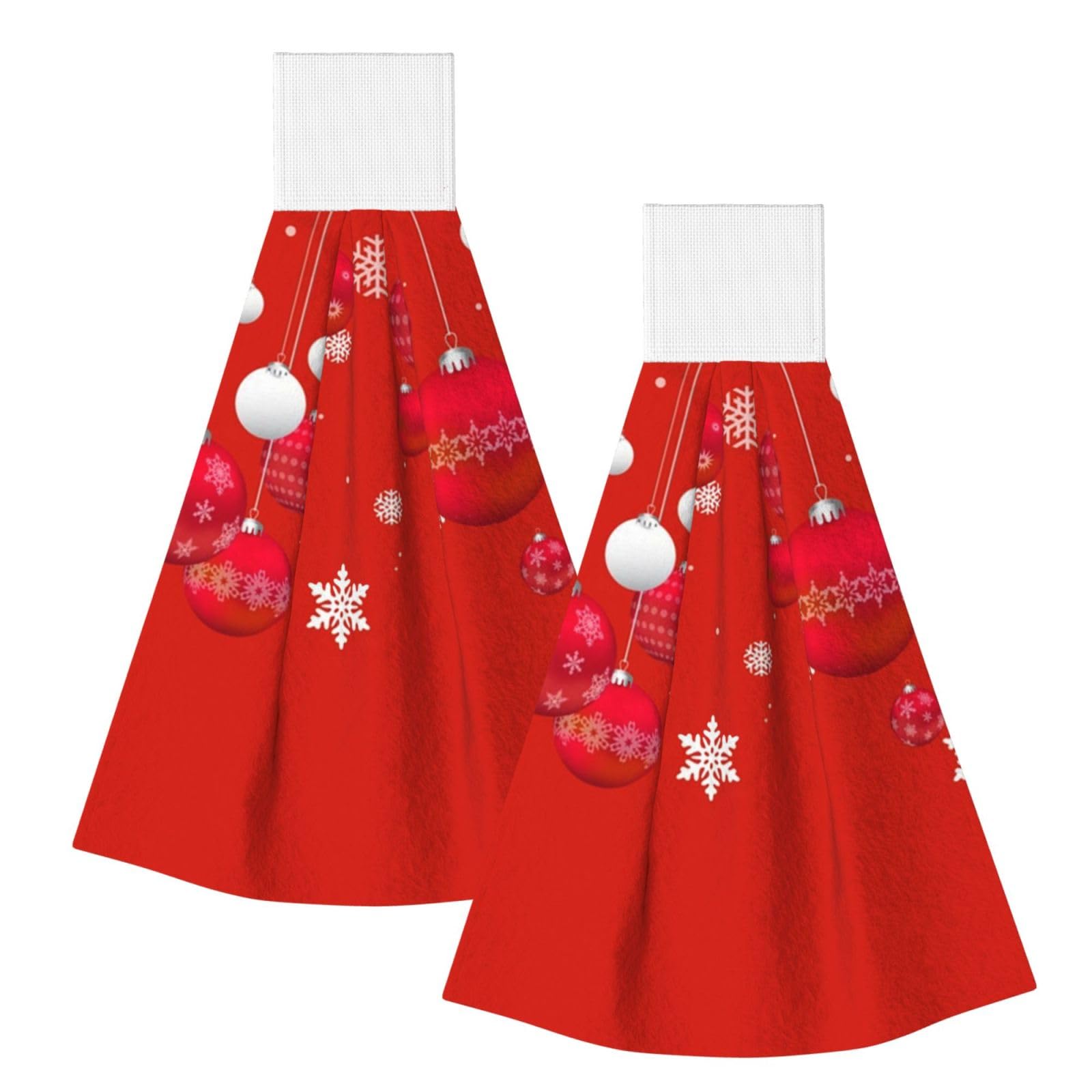DOPKLNA Christmas Baubles Red White Xmas Balls Snowflakes, 2 Pcs Hanging Coral Fiber Hand Towels for Bathroom, Absorbent Kitchen Towels