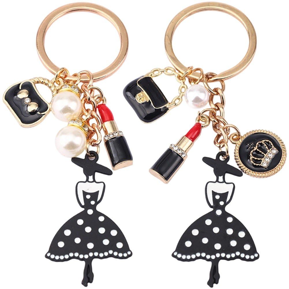 Hrippy 2pcs Lipstick Girl Charm Keychain, Aesthetic Pendant with Pearl for Car Key Purse Handbag Hanging Ornament