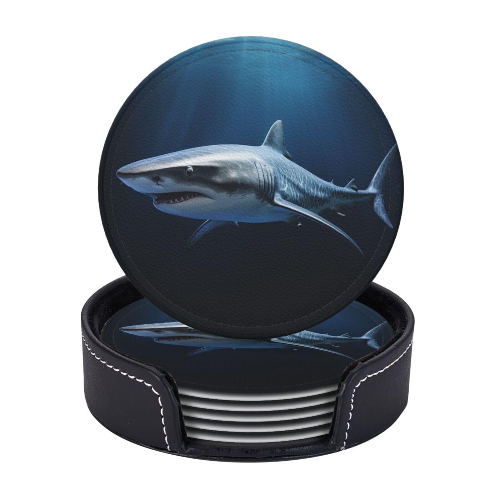 Drink Coasters 6 PCS Round Leather Coaster Shark Looks Up Coasters for Drinks Non-Slip Mugs Pads with Holder Personalized Cups Pad Mat for Coffee Table Kitchen 10 CM
