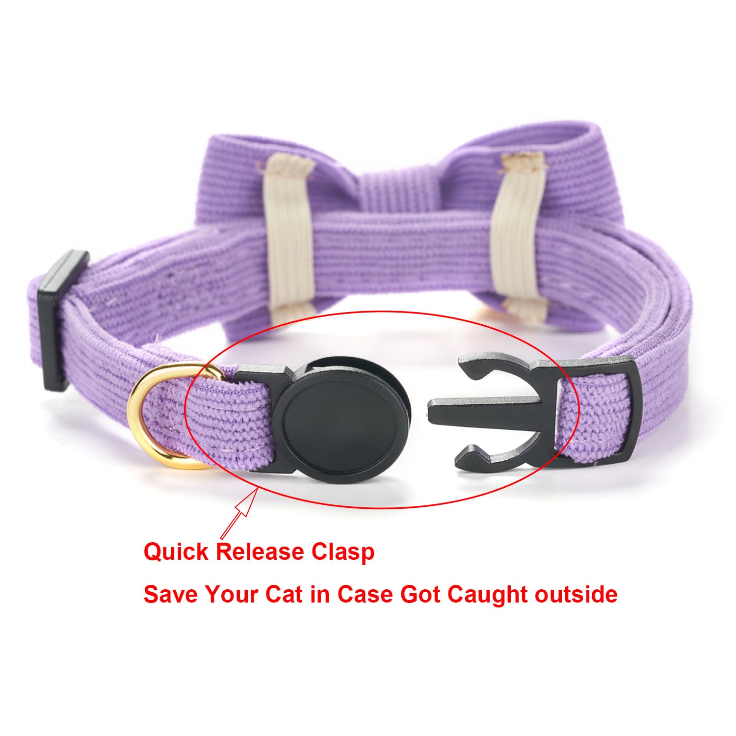 YUDOTE Ultra-soft Collar Natural Cotton Corduroy Made for Cats with Sensitive Skin,Lightweight Kitten Collars with Quick-release Buckle and Removeable Bow-tie,Purple Pack of 1 - Image 3