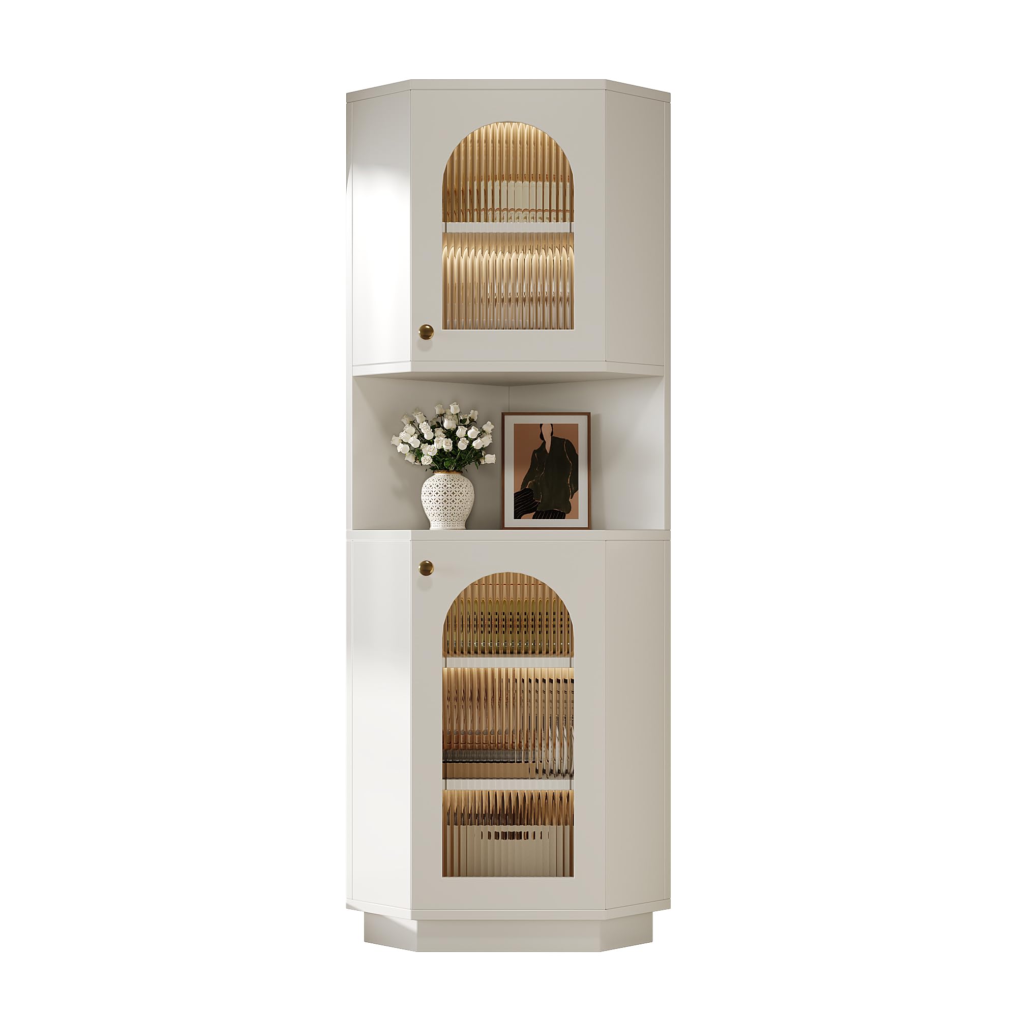 TIZZ Armario de baño 45 x 45 x 166,5 cm con barra de luz, mueble de baño, armario esquinero con dos estantes, compartimento abierto con estantes ajustables, color blanco