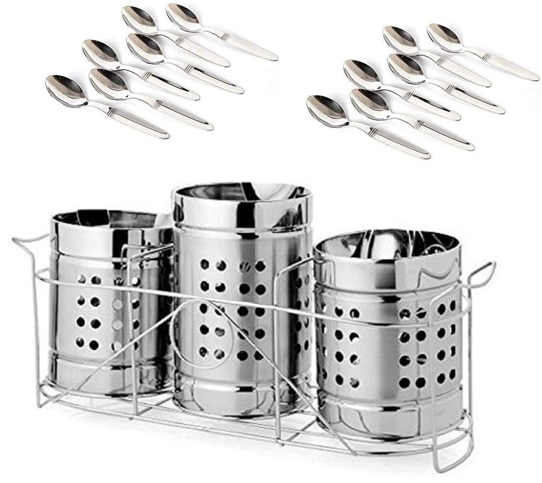 Quality Cops Stainless Steel Spoon Holder and Stand Set of 3 with 6