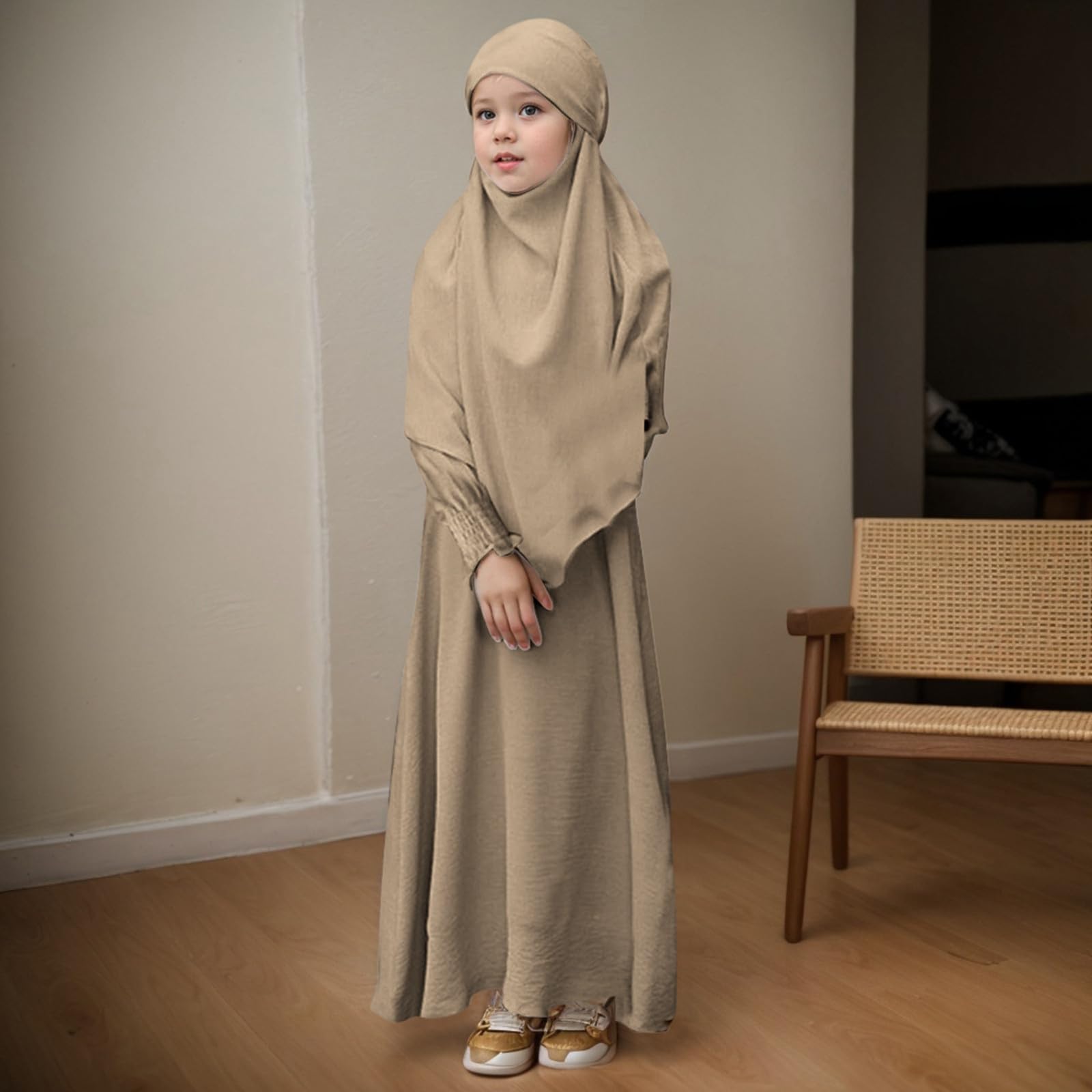 WWricotta Vestido musulmán de Cuello Redondo con Volantes, Color Liso y Estampado de Volantes, de Encaje, cómodo y Cintura elástica, Ideal para Fiesta, Tendencia Infantil Estilo Elegante