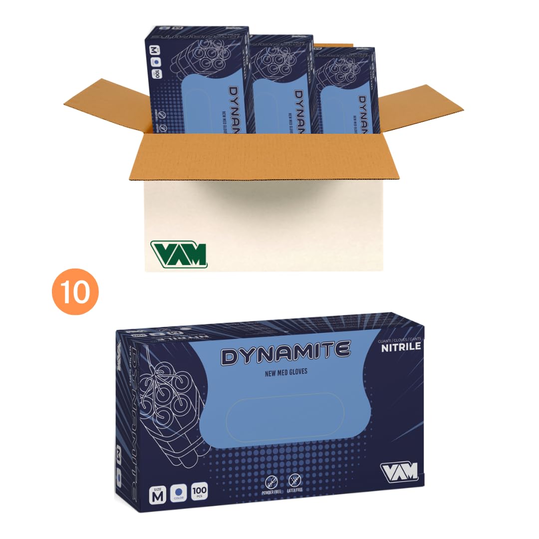 VAM DYNAMITE Guanti in Nitrile Blu 7,2 g ULTRA RESISTENTI, 100% DI SPESSORE in più rispetto al nostro guanto Starblue, per Sanità, Alimentare, Pulizia, Ferramenta, Ind. Chimica, Automotive (1000, L)