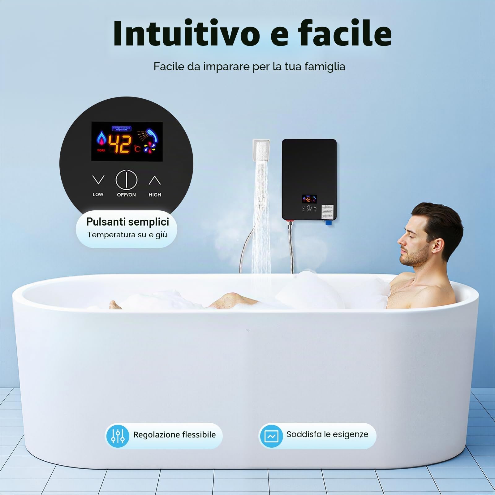 Scaldabagno Istantaneo, Scaldabagno Elettrico Senza Serbatoio, 6500W Mini Scaldabagno a Parete, Con Display della Temperatura, Temperatura Costante LED, Doccia per Bagno Cucina Casa Hotel Appartamento