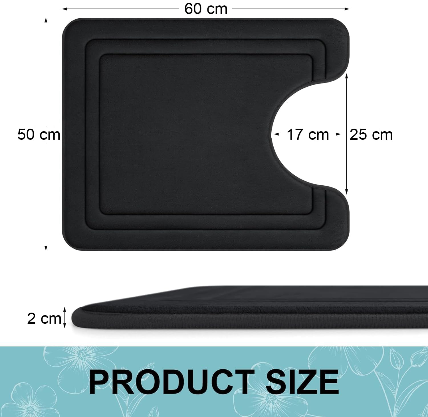 smiry Memory Foam Bath Mat - 50 x 60cm, Non-Slip, Super Absorbent, Comfortable - Machine-Washable Floor Rug, Black - Image 2