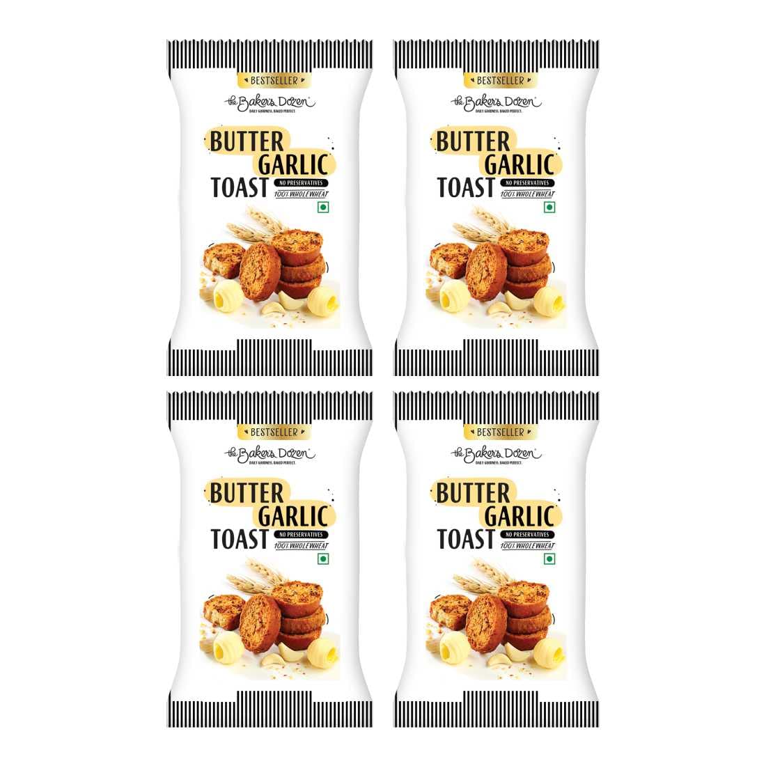 The Baker's Dozen 100% Wholewheat Butter Garlic Toast | Garlicky Butter Bliss Toasts | Flavoured with Garlic and Butter | No Maida | No Preservatives | Healthy Munching Option | Pack of 4 x 90g