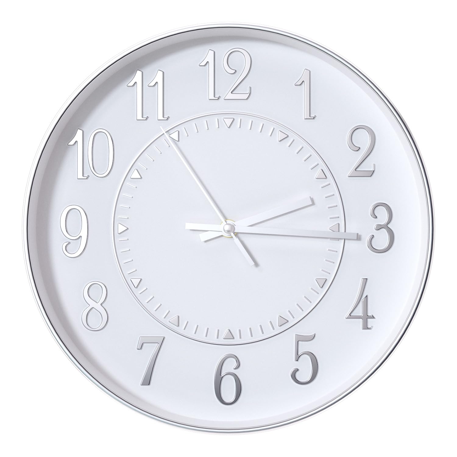 Wall Clock Modern Non-Ticking Battery Operated Silent Wall Clocks Simple Style Quartz Movement 3D Dial Round Analog Decor Clock for Office/Living Room/Bedroom(White-Silver, 12 inch)