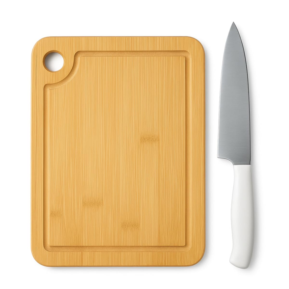 Kit Tábua De Corte Em Bambu Com Faca Aço Inox Cabo Branco