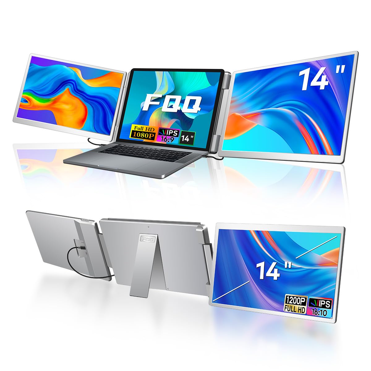 Laptop Screen Extender, 14-inch FHD 1200P IPS Triple Screen Laptop Monitor Extender Fits 12–16.5 inch, Portable Monitor Compatible with Windows and MacBook, Gray