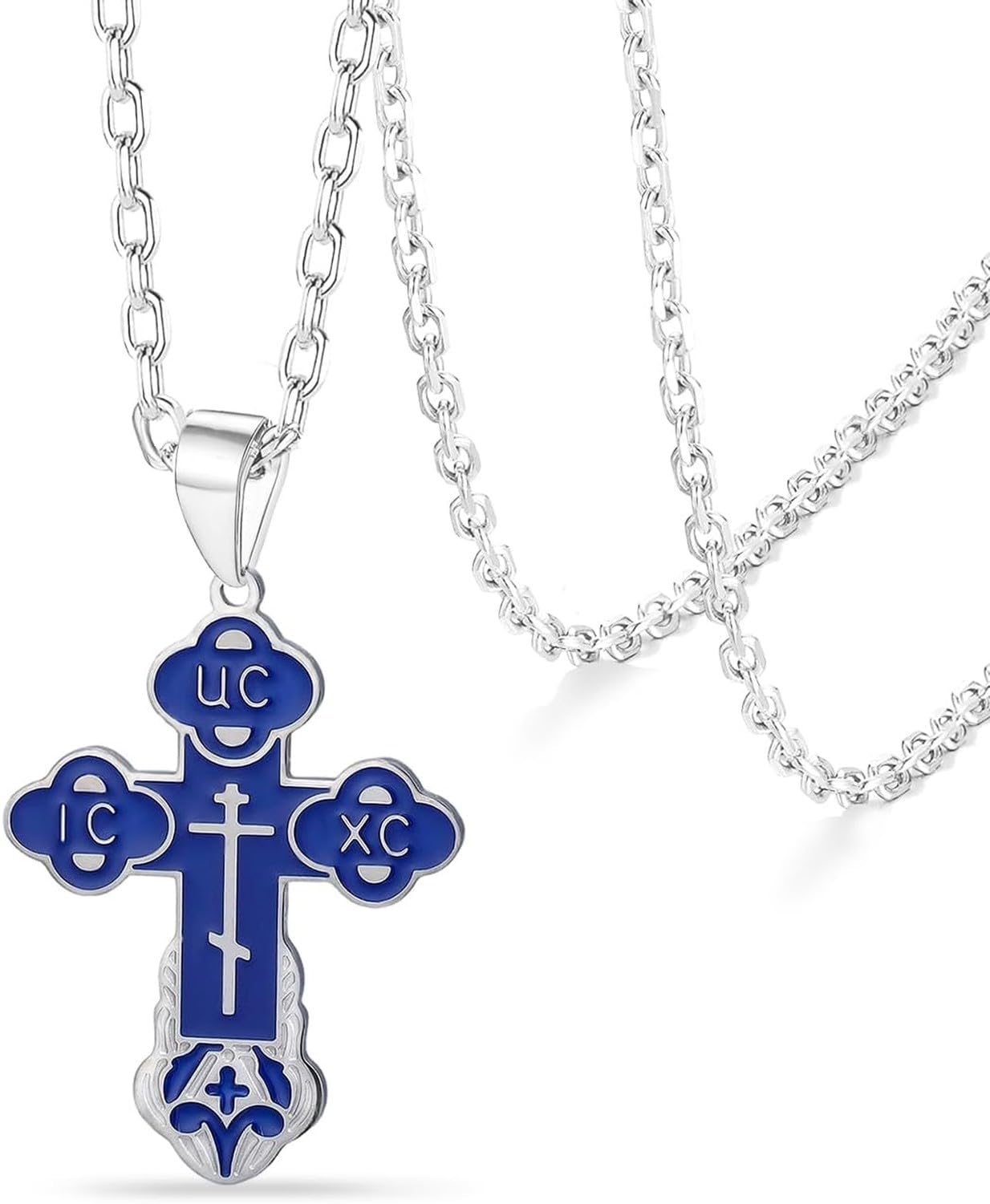 HURUMA Stainless Steel Eastern Orthodox Cross Crucifix Pendant Necklace for Men Women Jesus Byzantine Religious Pendant Christian Catholic Jewelry Gift, S-Blue