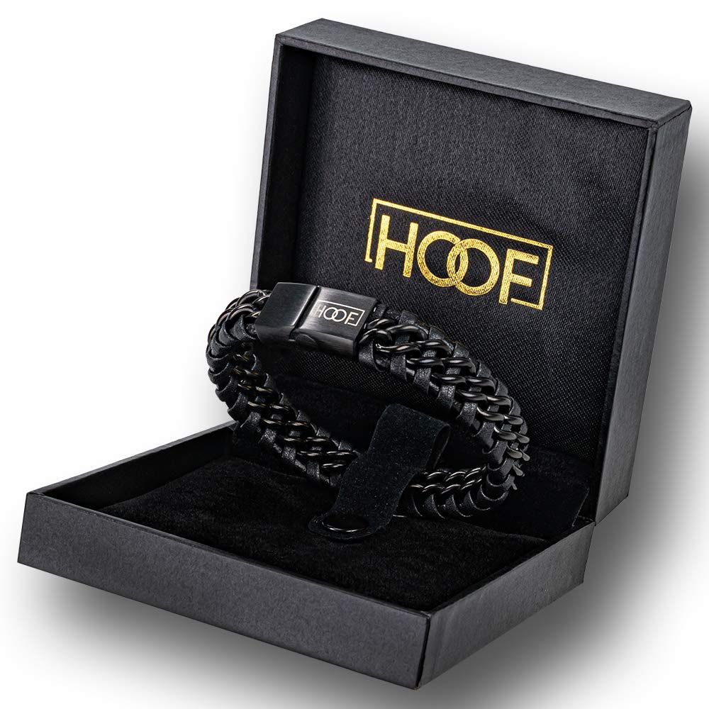HOOF Bracelet pour homme - En cuir véritable et acier inoxydable - Bracelet tressé - Boîte élégante - Rocker, motard, viking, gothique, punk, amis