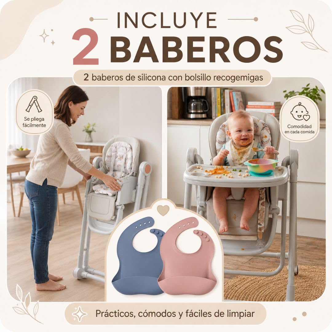 Trona Evolutiva 3 en 1, Incluye 2 Baberos, Plegable y Portátil, Altura, Reposapiés, Respaldo y Bandeja Ajustables, 8 Niveles de Regulación, Sistema Seguridad, Hasta 6 Años (Gris, Azul + Fucsia)