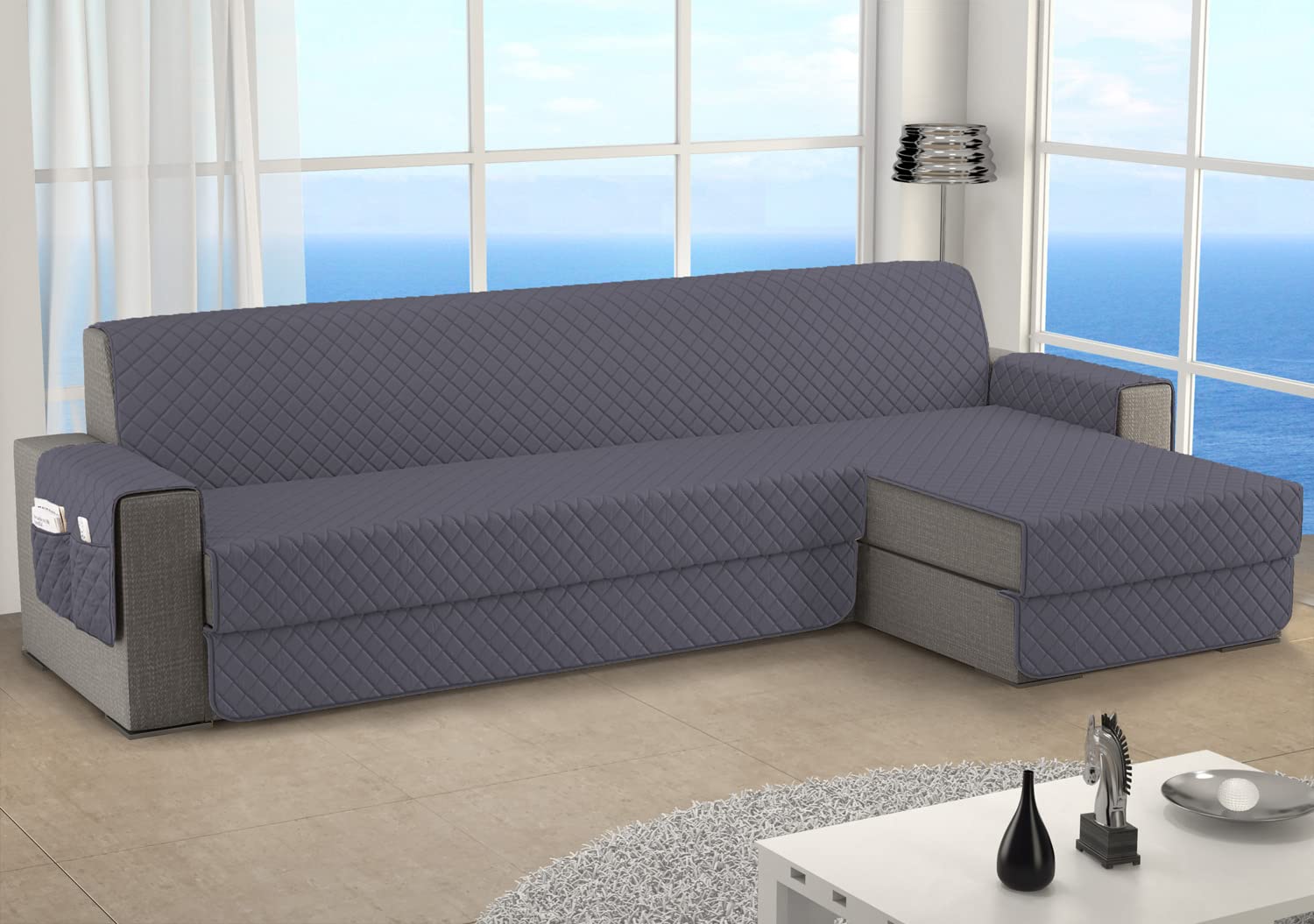 Copridivano 3 Posti con Penisola Impermeabile, Copridivano Penisola Destra/Sinistra Universale Reversibile, Copri Divano Antigraffio Indispensabile per Animali Domestici ( L 250CM, Grigio Scuro)