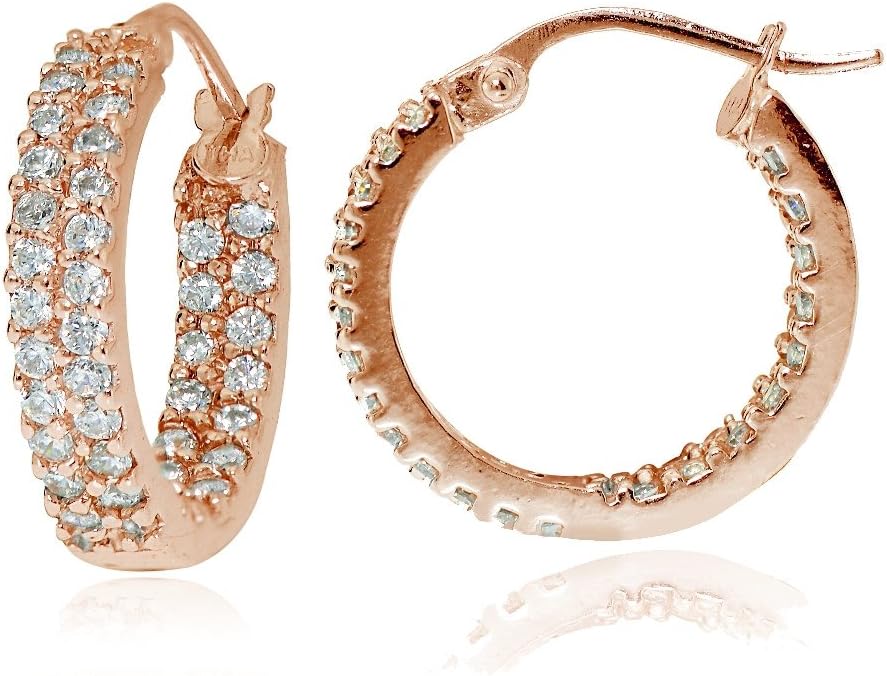 Sterling Silver Cubic Zirconia 3x16mm Two Row Inside-Out Hoop Earrings