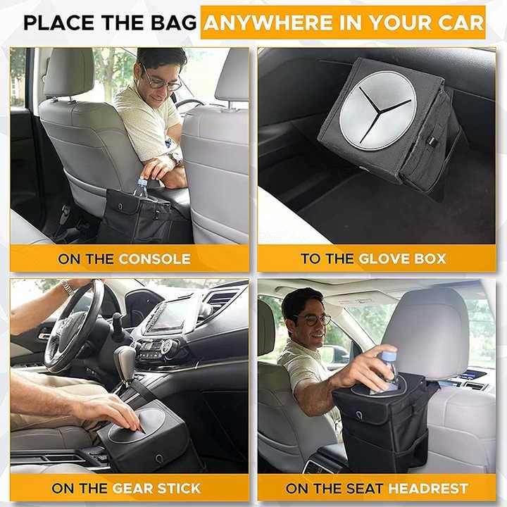 Image of Car Trash Can with Lid and Storage Pockets - 100% Leak-Proof Organizer, Waterproof Trash Can, Multi-Purpose Car Trash Can, 2 Gallon, Black