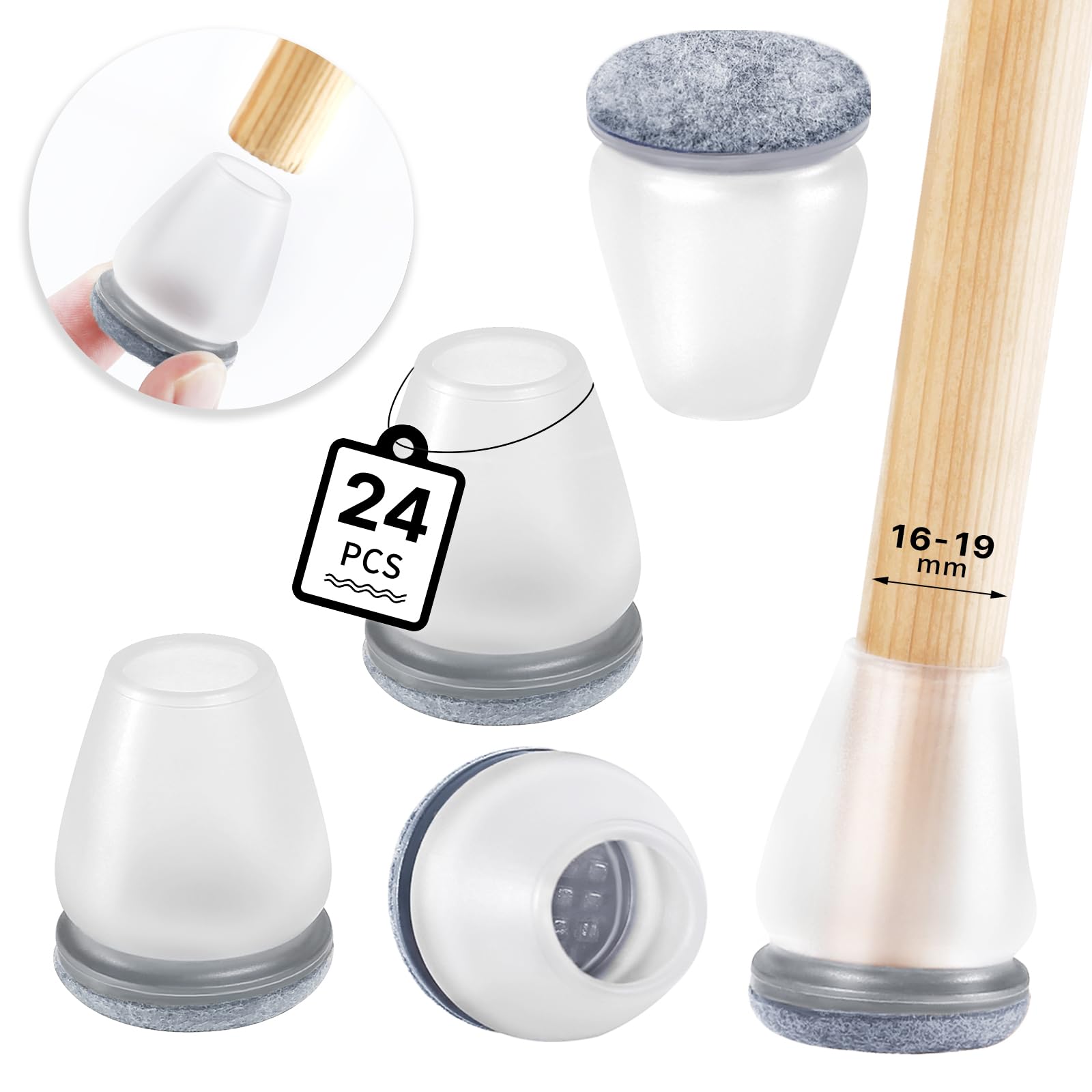 RCHYFEED Protector Patas Sillas 24 pcs, Protectores de Suelo para Patas de Silla, Transparente Protector Sillas Patas, Silicona para Patas, Tapas de con Fieltro Prevent Floor Scratches (Fit: 16-19mm)