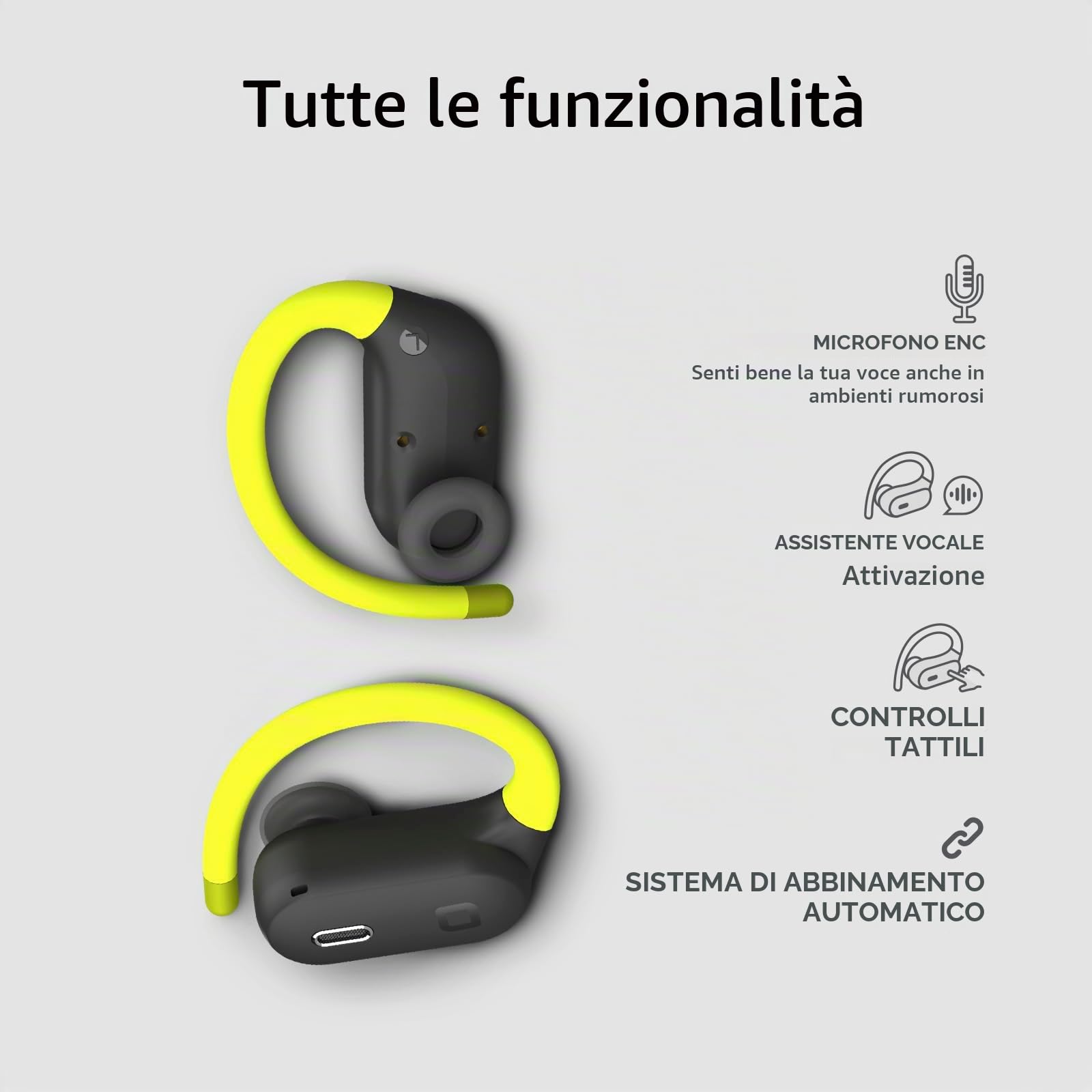 SBS Rhino Twin - Cuffie Auricolari Sport OWS True Wireless, Cancellazione del Rumore Attiva, Custodia di Ricarica, Microfono, Archetti, Controlli Touch, iPhone, Android, 7 ore con una sola carica