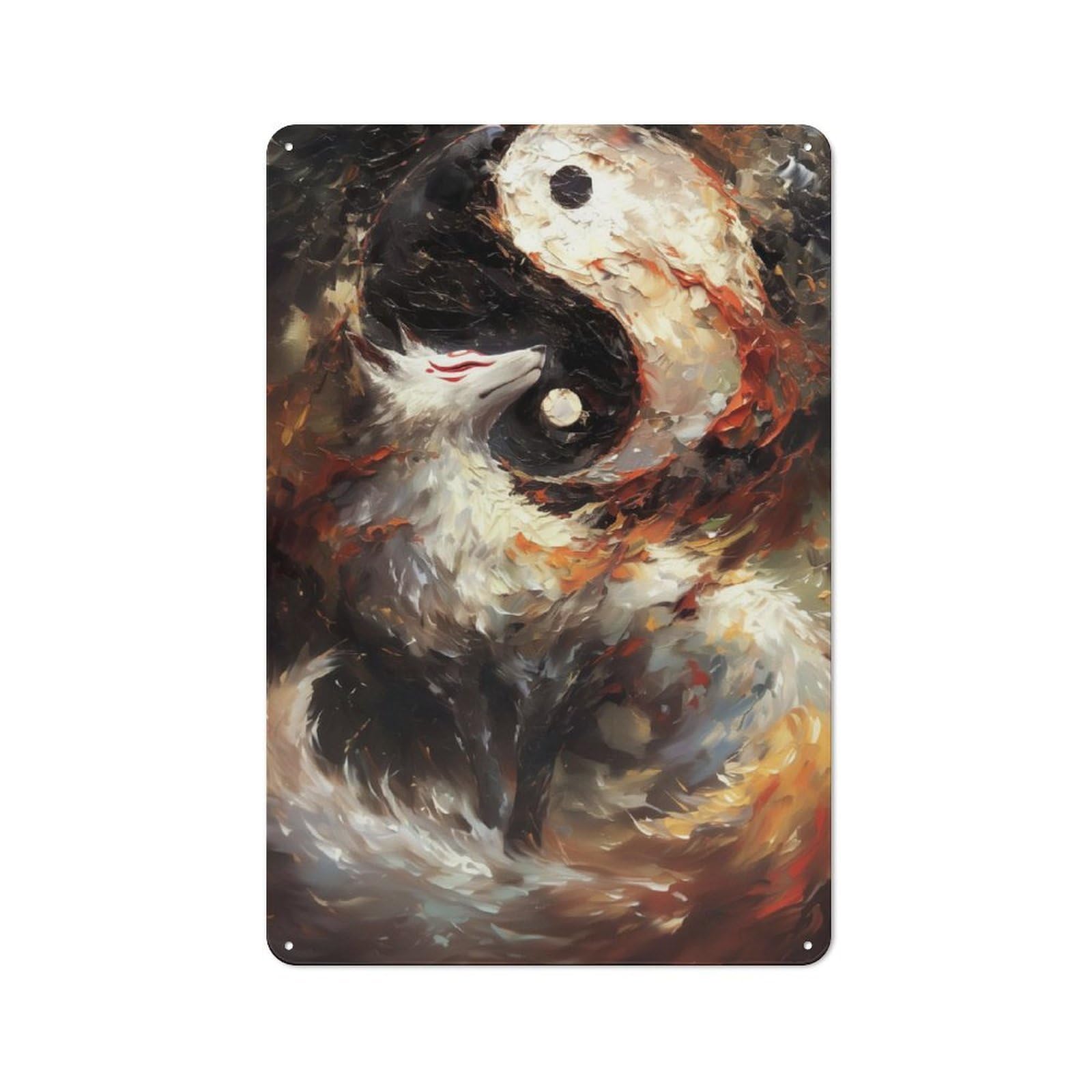 Junmoney Yin And Yang Kitsune Fox Rustic Tin Wall Plaque 30X20cm For Home Bar Wall, For Vintage Wall Decor Fans, For Living Room And Hallway Decor