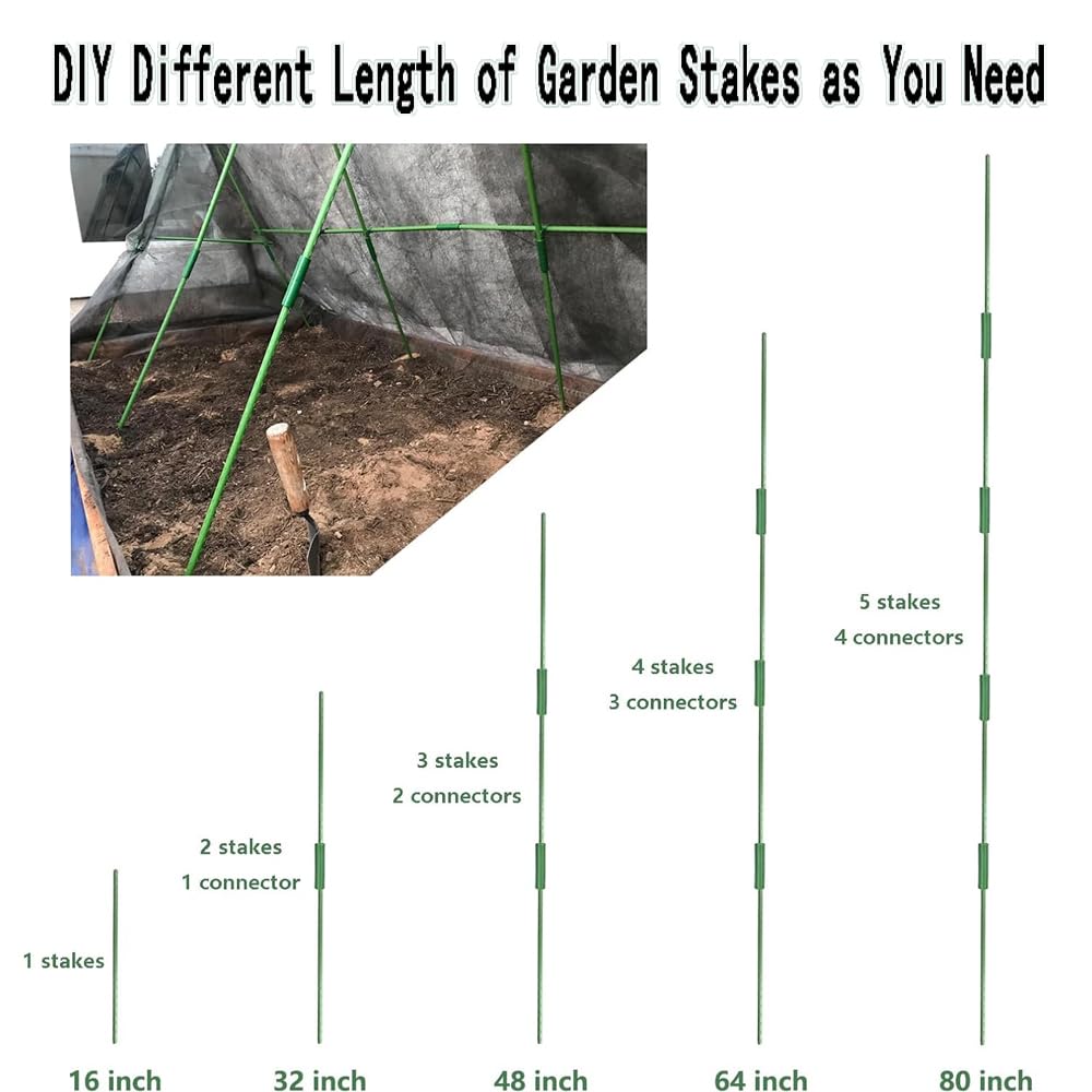 Lot de 30 tuteurs pour plantes grimpantes - Tube en acier inoxydable revêtu de plastique - 40 cm de diamètre - 11 mm de diamètre - Avec 20 connecteurs et 30 clips multifonctions - Tuteur pour pois