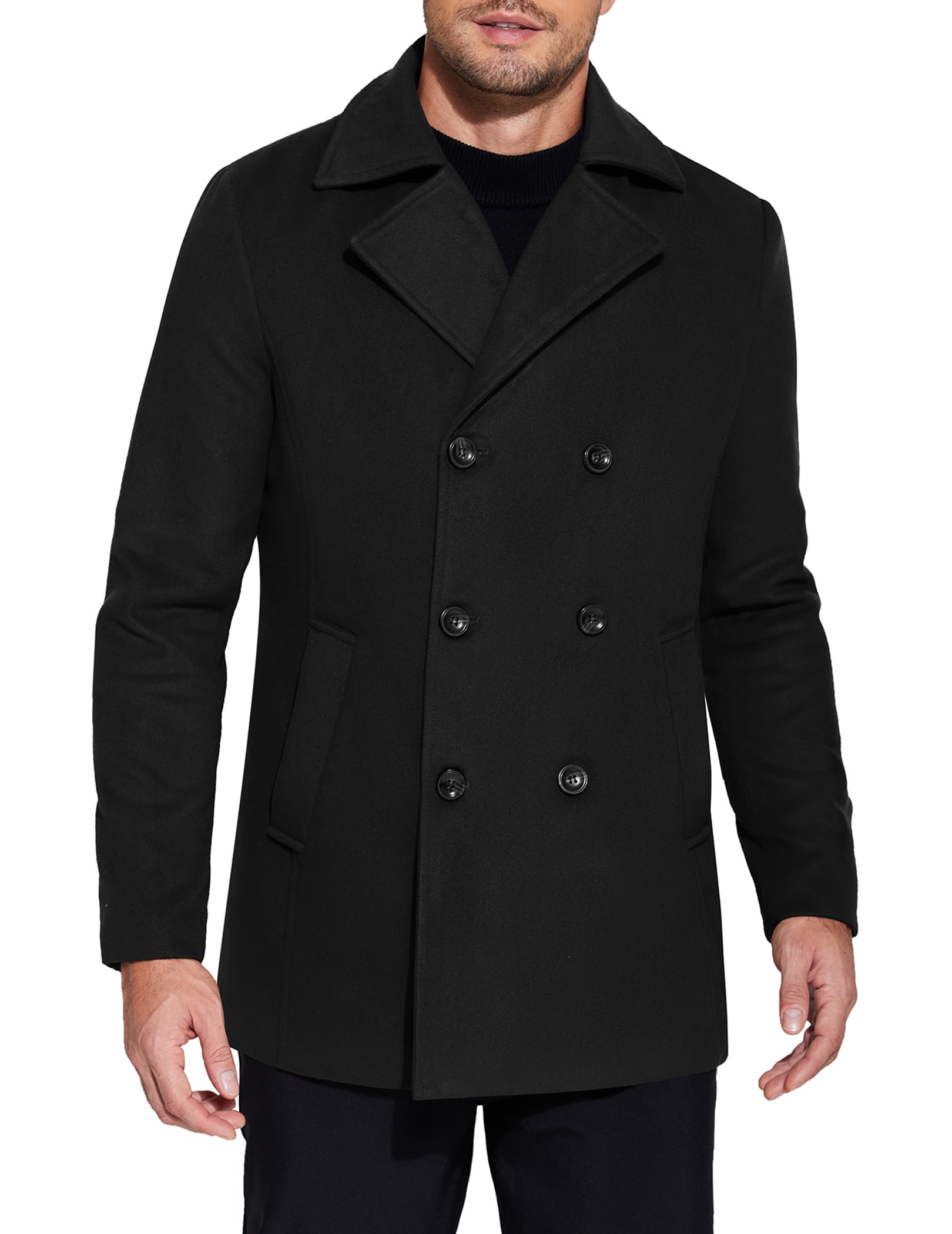 Men's Double Breasted Pea Coat Winter Overcoat Short Trench Coat Notched Collar