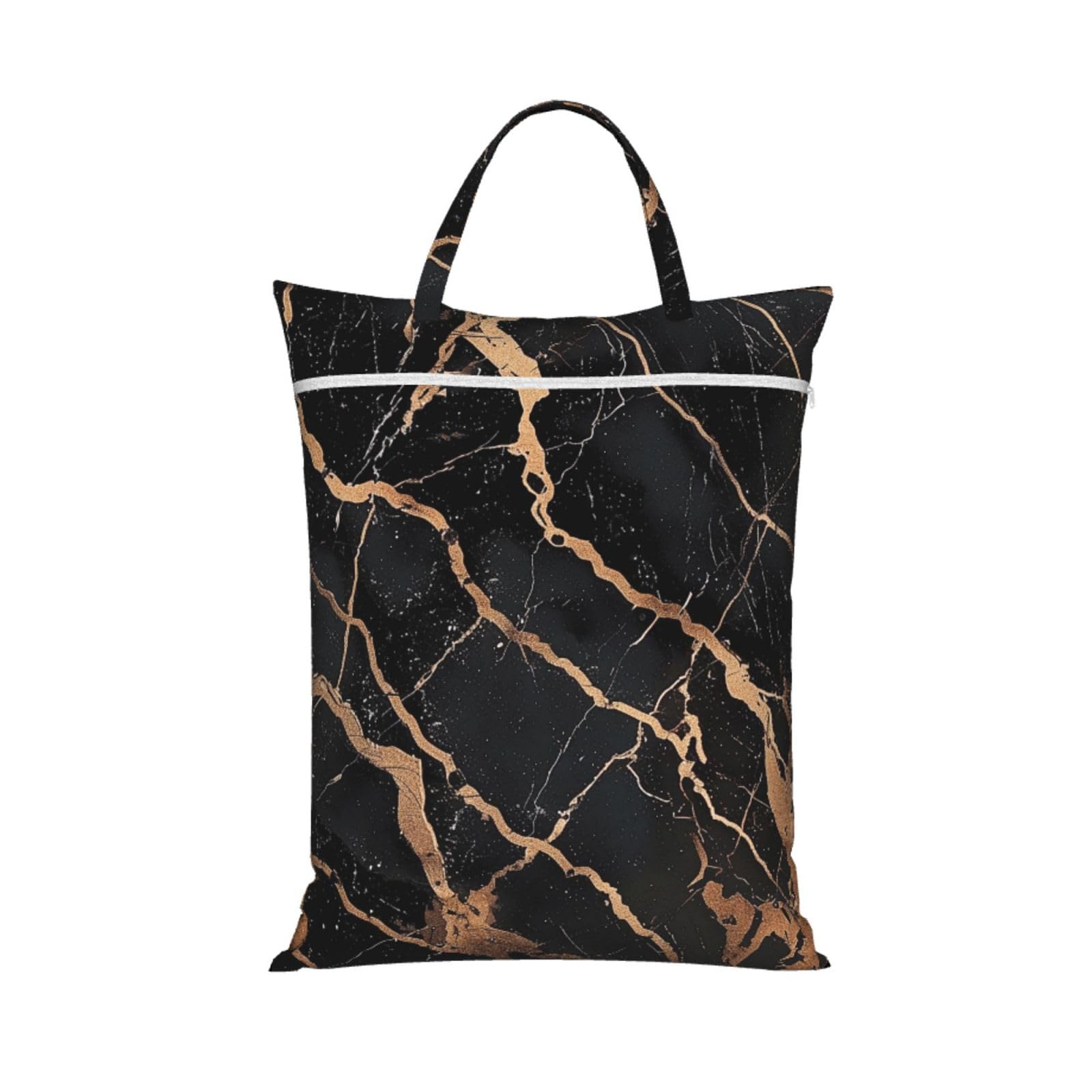 Large Travel Laundry Bags,Black Gold Marble Print with Handle Foldable Laundry Bag for Holidays Gym Swimming and Family Trips, 1Pcs