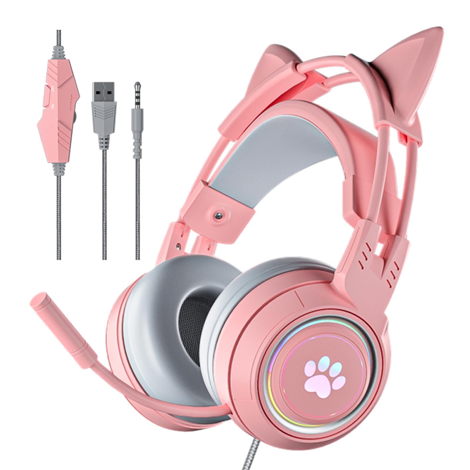 Xmenha Cat Ear Headphones Pink Gaming Headset with Mic for Switch Xbox One PS4 PS5, Cute Children Girl Kids Wired Headphones Light up Kawaii Kitty