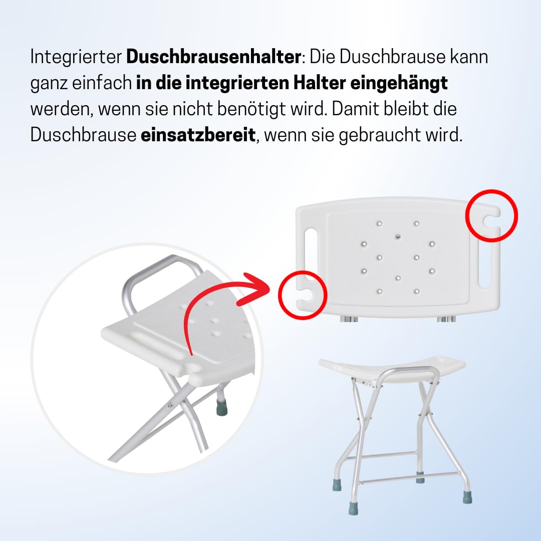 Duschhocker, höhenverstellbar, rutschfest, abfließend, Sitzfläche gewölbt, für Dusche und Badewanne, weiß (12623)