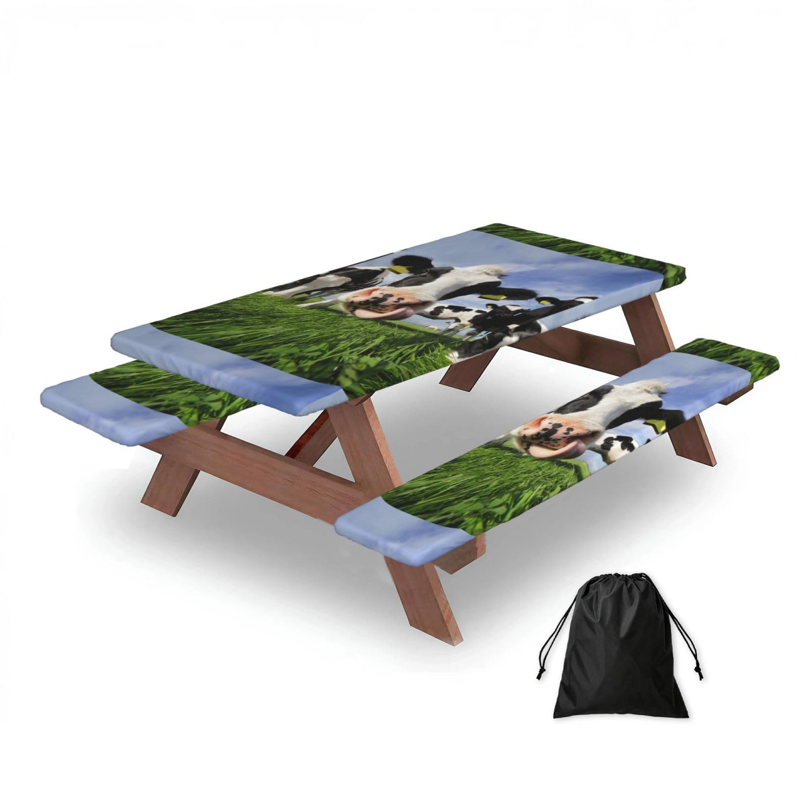 Dopklna As Picture Dutch Cows, Picnic Table Cover With Bench Covers -Waterproof Elastic Fitted Tablecloth For Garden Camping Patio 76X152cm