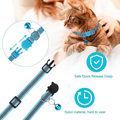 Miniatura 3 de 2 Pack Cat Collar with Bells, Reflective Collars for Cats with Breakaway Safety Buckle, Nylon, 7-12 Inch Adjustable, Blue