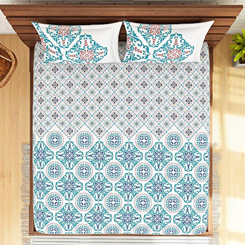 Image of Spaces Atrium 144 TC 100% Cotton Queen Size Double Bedsheet with 2 Pillow Covers ( 88 inch X 108 inch Inches) - Turkish Blue (ATR-7)