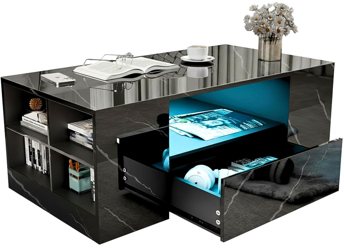 Blisswood Led Coffee Table with 2 Drawer Storage, High Gloss Coffee Table for Living Room Wooden Centre Table with RGB Led Lights Rectangle Tea Table for Living Room Furniture, Black Marble