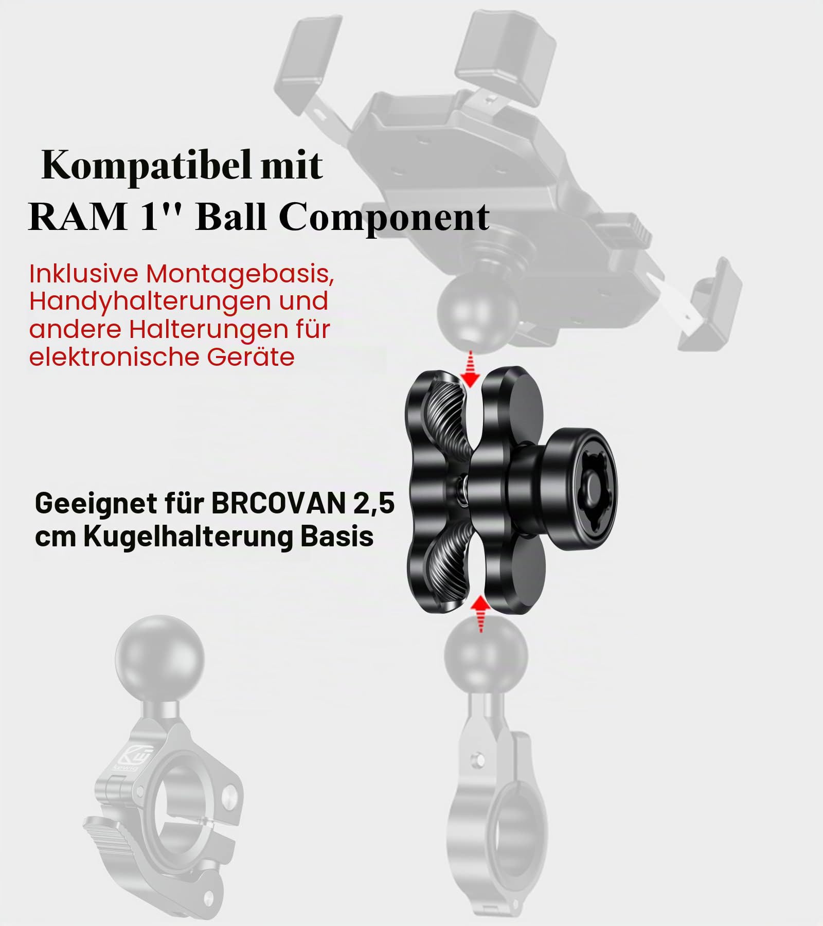 BRCOVAN Diebstahlschutz Aluminiumlegierung Doppelsockelarm (Kurzer Arm) Kompatibel mit RAM Mounts B Größe 1 Zoll Kugel Komponente und Fahrrad Motorrad Handyhalter mit 1'' Kugel Adapter