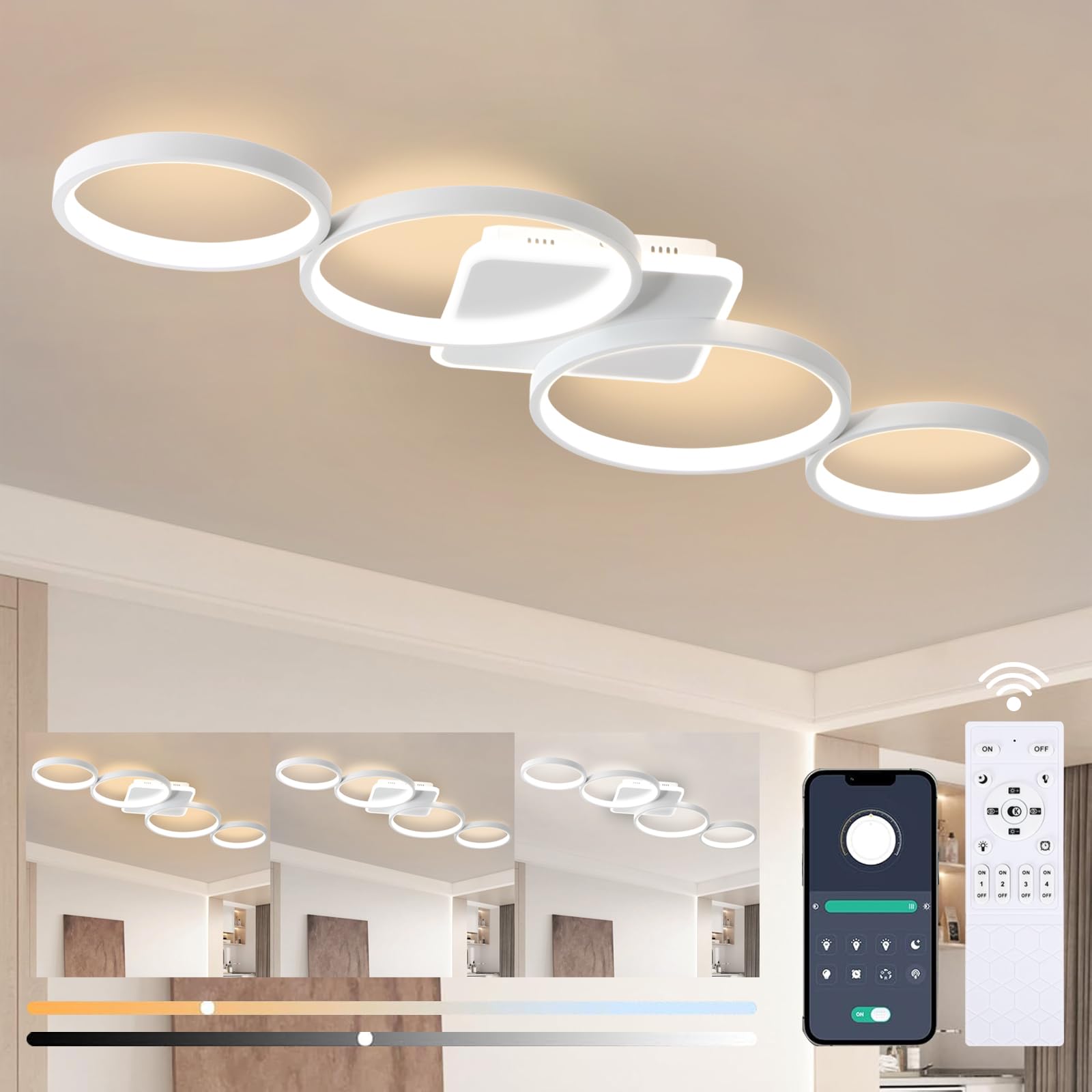 LED Deckenlampe Dimmbar Wohnzimmer Deckenleuchte mit Fernbedienung APP, Weiß Wohnzimmerlampe mit Memory Funktion und Nachtlicht, 54W Moderne 4-Rund Ring deckenbeleuchtung für Schlafzimmer, L94cm