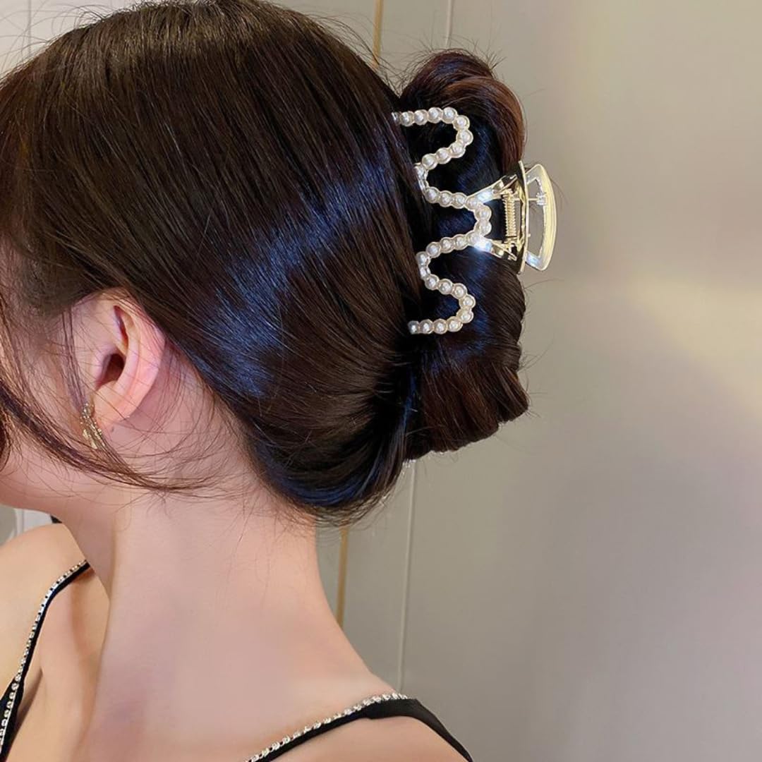 Rhinestone Hair Clips, Textention 3.4 Inch Pearl Claw Clips for Thick Hair, Crystal Metal Hair Jaw Clamps Fashion Hair Accessories for Women Bride Bridesmaid (2 Pack) - Image 6