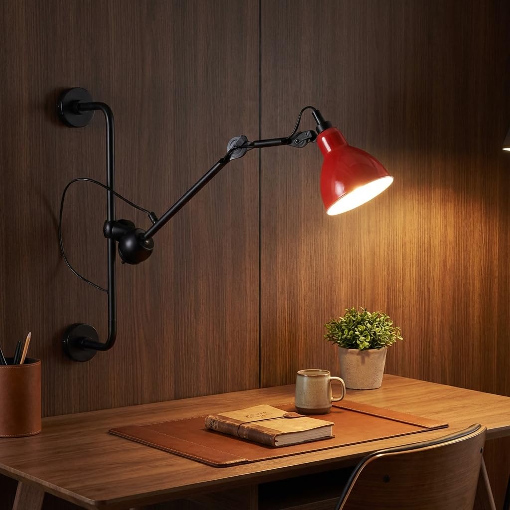 BARCRLONA LED Aplique de pared articulado industrial RUBY 210 con enchufe E27, lámpara de pared orientable 360°, brazo ajustable estilo loft para dormitorio, estudio, oficina, salón o restaurante
