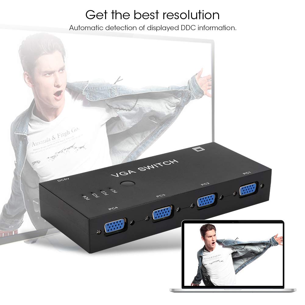 ASHATA VGA Switch de 4 Puertos VGA Splitter 4-in 1-out Video Converter Switcher Accesorio de Computadora 1920 X 1080 para Pantalla HD VGA y Video Metal Splitter Amplificador para PC con Pantalla LCD