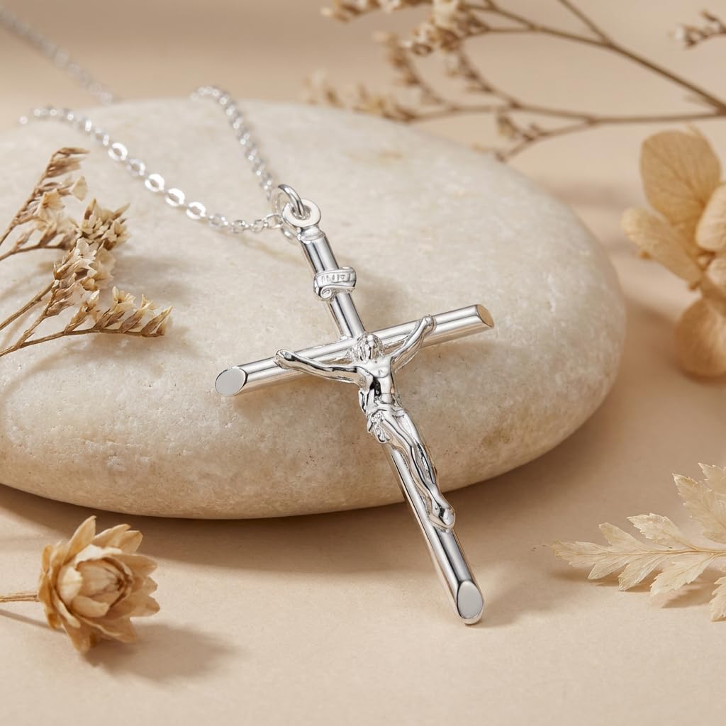 Crucifijo Colgante de Plata de Ley, con Cadena de Plata 20 pulgadas y Caja para Regalo