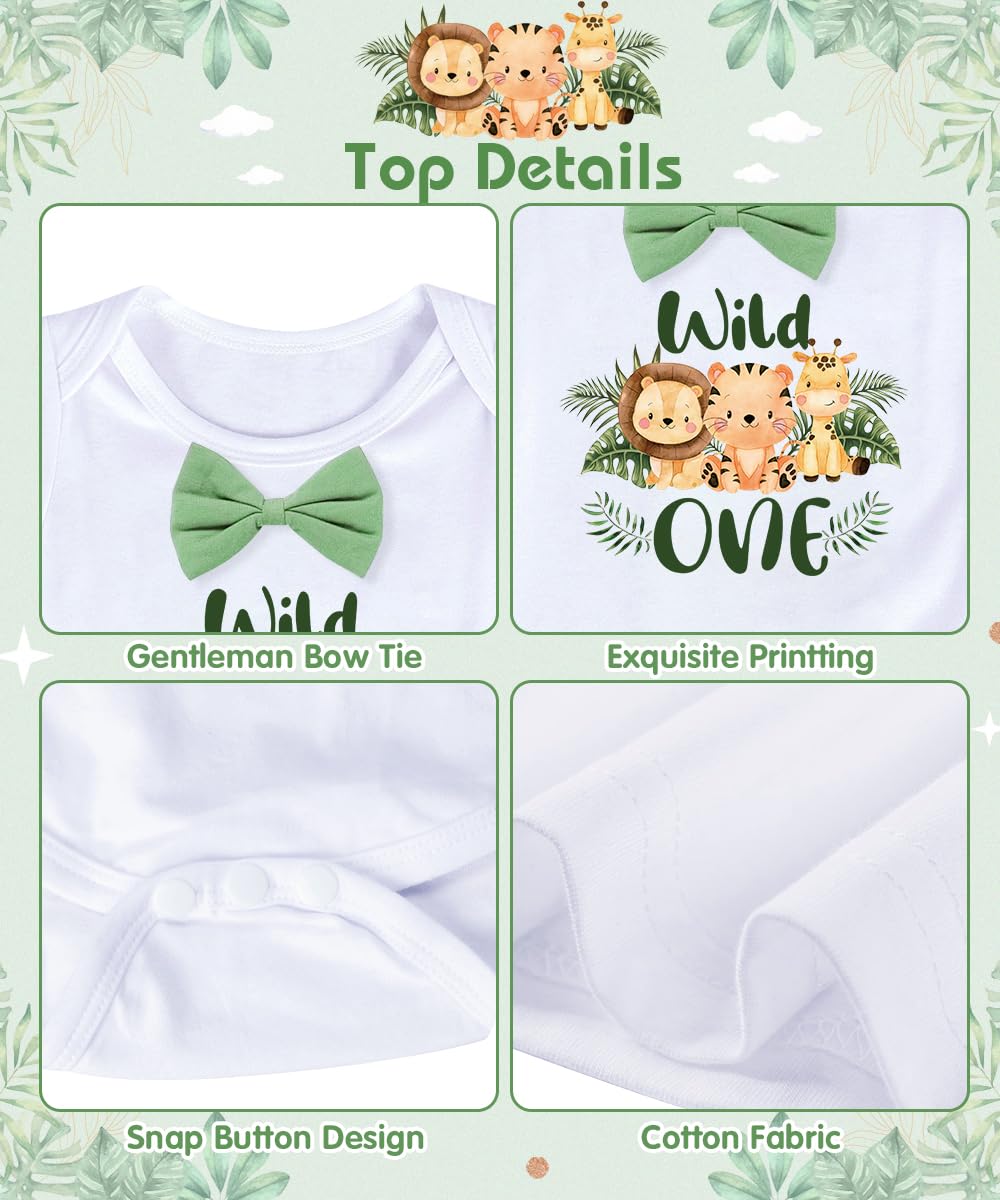 Vestiti Compleanno 1 Anno Bambino, Safari Vestito per Il Primo Compleanno Set con Pagliaccetto, Pantaloncini, Bretelle, Corona Fascia, Wild One Compleanno Outfit per Baby