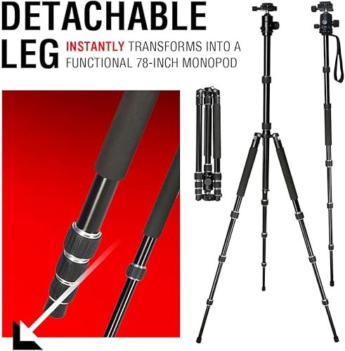 Miniatura 5 de Vidpro VentureMaxx AT-77 - Trípode de viaje profesional de aluminio de 77 pulgadas y monopie en uno con cabeza de bola, unidad de trípode completa