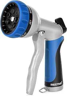RESTMO Heavy Duty Metal Garden Hose Nozzle - 7 Adjustable Spray Patterns, Flow Control, Leak-Proof for Plants, Lawn, Car & Pet Washing, Blue