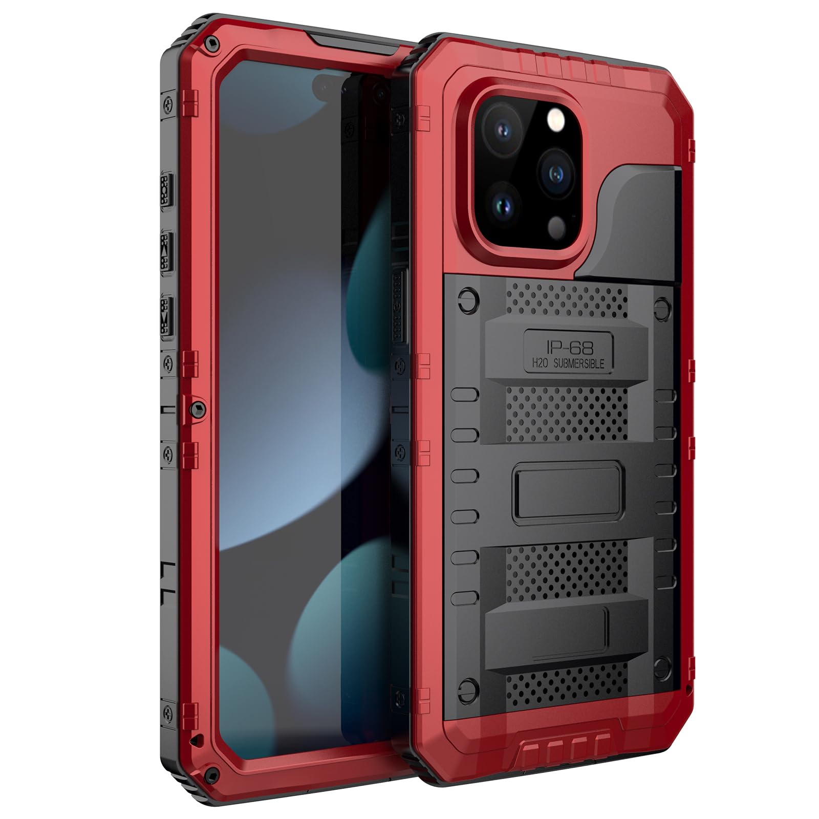 Custodia impermeabile per iPhone 15 Pro Max, custodia protettiva integrale in metallo resistente, antiurto, antipolvere, robusta, di grado militare, per iPhone 15 Pro Max, rosso