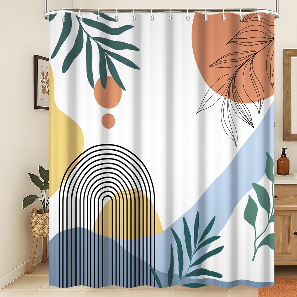 Xiaoterna Mid Century Boho Shower Curtain Abstract Neutral Color Green Leaves Black Arch Lines Sun White Waterproof Bathroom Curtain Modern Minimalist Aesthetic Geometric Home Decoration 180x180cm — image 1