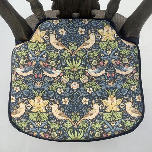 Image of Smaller Spindle Back Chair Seat Pads, Navy Blue William Morris Strawberry Thief Print, For Seats Approx. 14” (36cms) Wide x 13” (34cms) Deep
