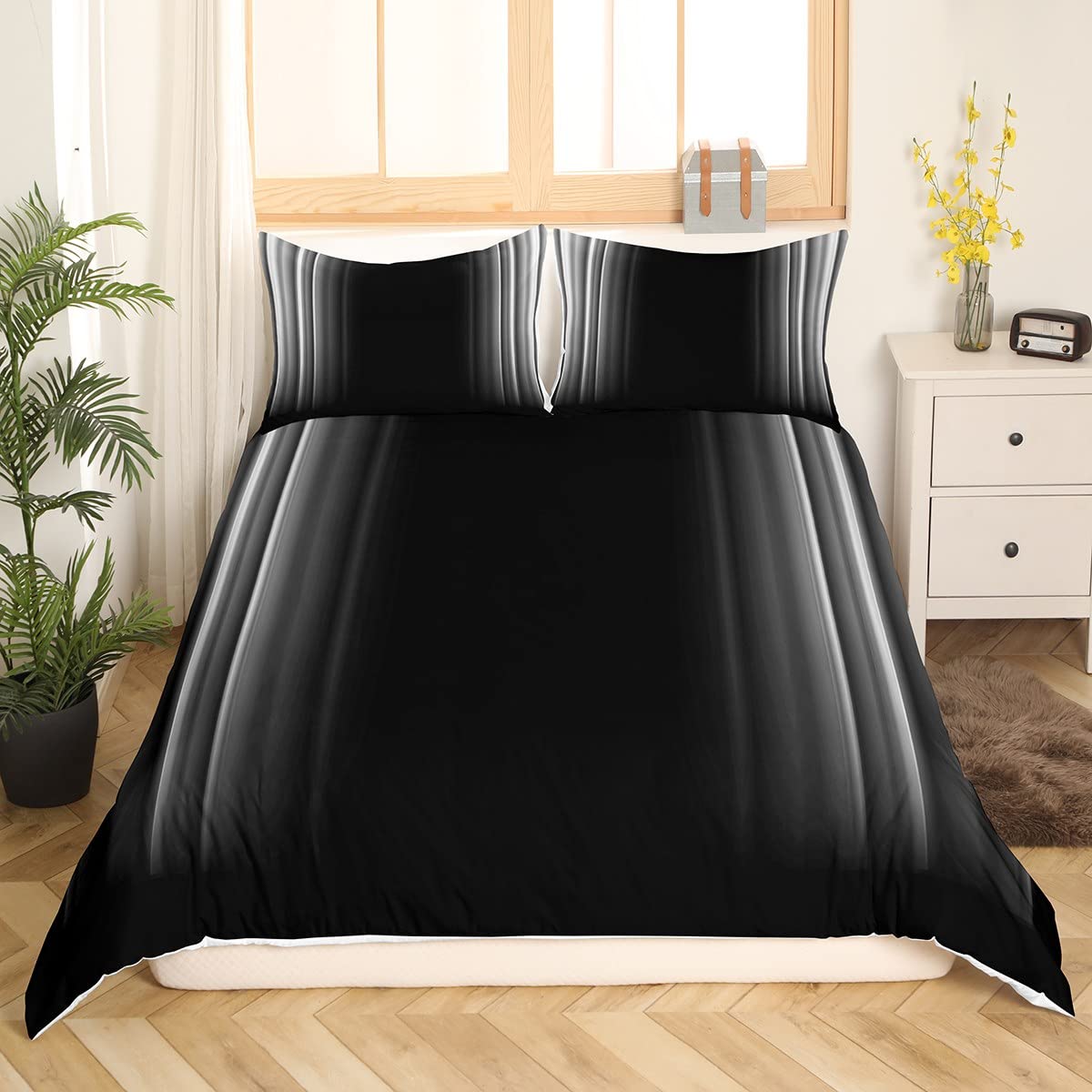 Geometric Abstract Ombre Bedding Set Men Adults Teens Grey Gray And Black Striped Duvet Cover Kids Boys Girls Simple Modern Comforter Cover with 1 Pillowcase 2Pcs Bedding Single Boys — image 1