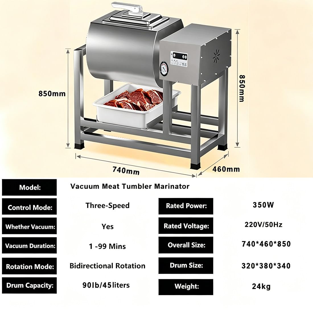 Tumbler De Vacío Comercial De Sobremesa, Capacidad De 45 litros (Máx. 35 Kg De Carne) – Marinador De Vacío para Mezclar, Marinar, Salar Y Masajear La Carne En Ambiente De Vacío